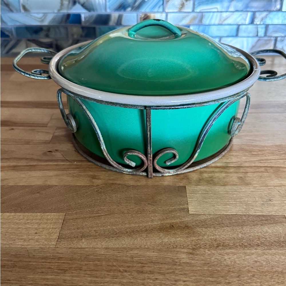 Green Ceramic Casserole Dish with Metal Stand